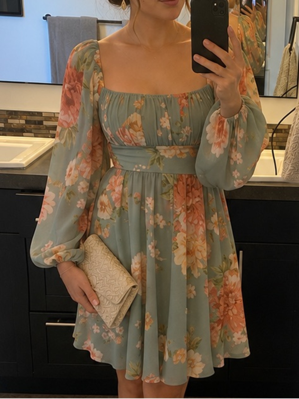 GUESS XS Floral Square-Neck Smock Waist Dress - Sage Green